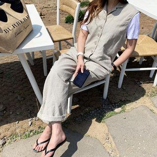 Sleeveless Linen Blend Shirtwaist Jumpsuit Beige - One Size