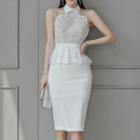 Collared Lace Panel Sleeveless Bodycon Dress