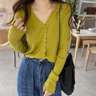Long-sleeve V-neck Plain Ruffle Trim Loose Fit Cardigan