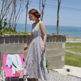 Sleeveless Frill-hem Maxi Floral Dress
