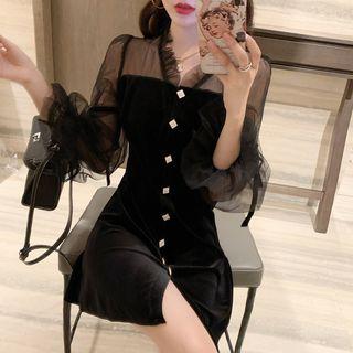 Mesh-sleeve Ruffled A-line Dress