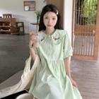 Short-sleeve Floral Embroidered Midi Smock Dress Green - One Size
