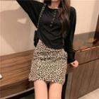 Long-sleeve Plain Top / Leopard Mini Skirt