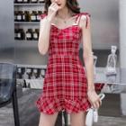 Shoulder-tie Plaid A-line Mini Dress