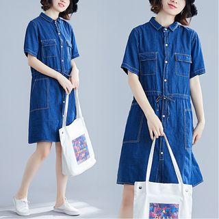 Elbow-sleeve Stitch Trim Buttoned A-line Denim Dress Denim Blue - One Size