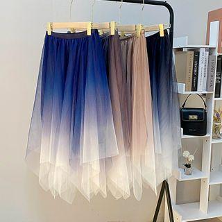 Gradient Mesh Irregular Hem Midi A-line Skirt