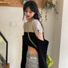 Two-tone Cut-out Knit Cropped Top Light Gray & Black - One Size