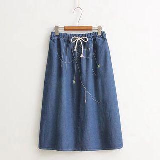 Fish Embroidered Midi Denim Skirt