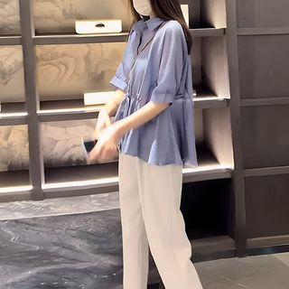 Set: Elbow-sleeve Blouse + High Waist Straight Leg Pants