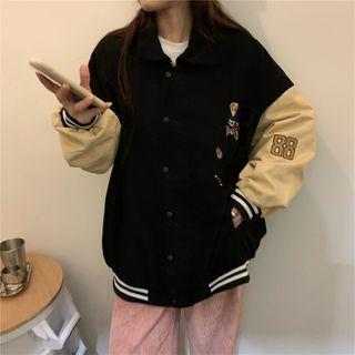 Bear Embroidered Panel Bomber Jacket