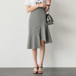 Band-waist Gingham Midi Skirt