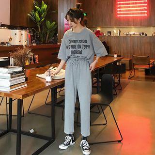 Set: Lettering Elbow-sleeve T-shirt + Drawstring-waist Pants