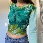 Butterfly Printed Round Neck Long Sleeve Crop Top