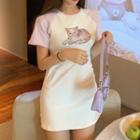 Raglan-sleeve Cat Print Mini Bodycon Dress Cat Print - Purple - One Size