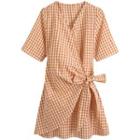 Short-sleeve Gingham Wrap Mini A-line Dress