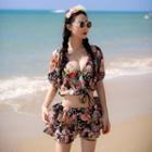 Set: Floral Print Bikini + Cover-up Skirt + Drawstring Cover-up