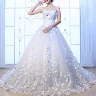 Flower Detail Long Train Wedding Dress / Ball Gown Wedding Dress