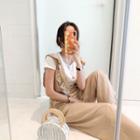 Set: Round-neck Plain T-shirt + Frilled-detail Wide-leg Jumpsuit Beige - One Size