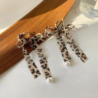 Bow Drop Earring 1 Pair - Silver Needle - Leopard - Khaki - One Size