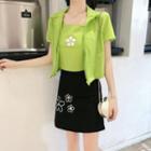 Set: Camisole Top + Floral Print A-line Skirt + Short-sleeve Zip Jacket
