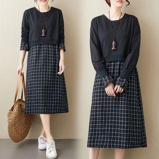 Plaid Panel Mock Two-piece Medium Maxi Dress
