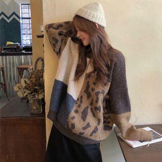 Leopard Print Color Block Sweater Leopard - Almond - One Size