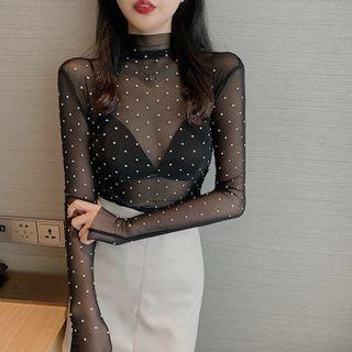 Glitter Long-sleeve Sheer Top Black - One Size