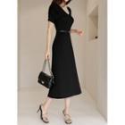 V-neck Shirred Long Knit Dress With Belt Black - One Size