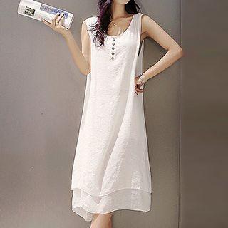 Set: Layered Henley Tank Dress + Elbow Sleeve Long Light Jacket