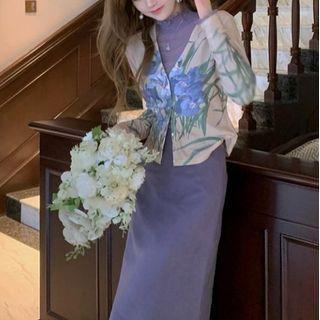 Long-sleeve Top / Light Jacket / Midi Skirt