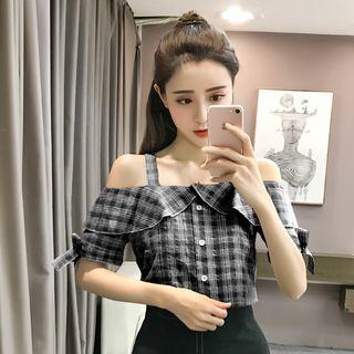 Off Shoulder Elbow-sleeve Plaid Top