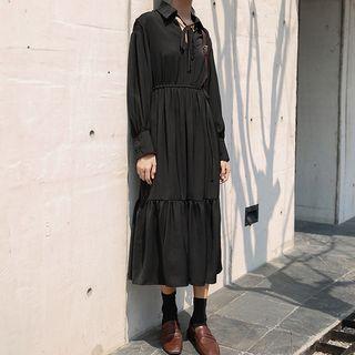 Collared Lace-up Midi A-line Dress