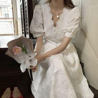 Plain Lace Puff-sleeve Button-up Dress