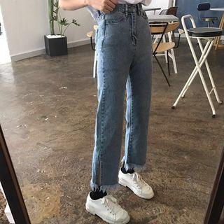 Fringed Slit-side Wide-leg Jeans