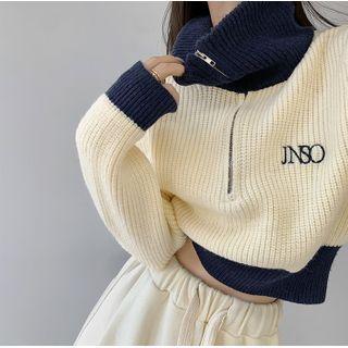 Zipper High-neck Colorblock Cropped Sweater