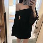Slit-sleeve Off-shoulder Mini Dress Black - One Size