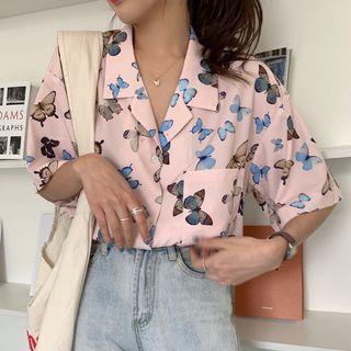 Elbow-sleeve Printed Shirt Butterflies - Pink - One Size