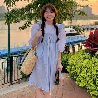 Puff-sleeve Blouse / Bow Detail Ruffle Overall Dress
