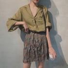 V-neck Elbow Sleeve Blouse / Floral Print Mini Skirt