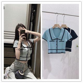 Contrast Trim Collared Short-sleeve Cropped Knit Top