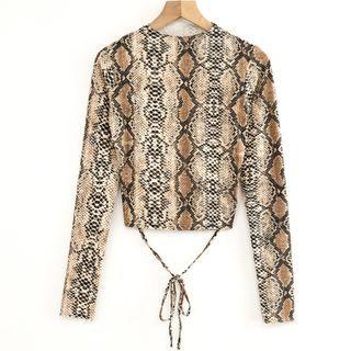 Long-sleeve Snake Skin Print Open Back T-shirt