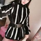Patterned Furry Belted Mini Sweatshirt Dress
