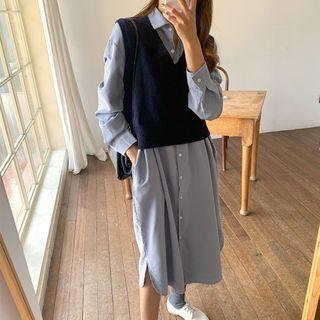 Long Sleeve Slit-side Shirtdress / V-neck Knit Vest
