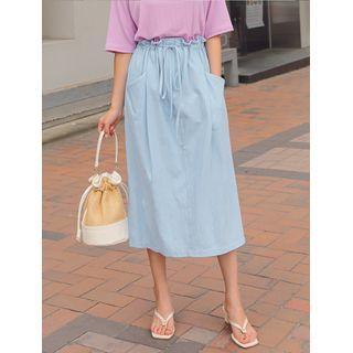 Paperbag-waist Long Denim Skirt