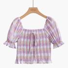 Plaid Bell-sleeve Cropped Blouse Plaid - Purple - One Size