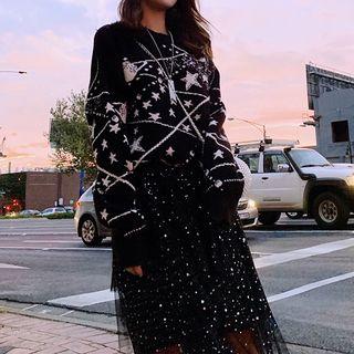 Set: Patterned Sweater + Midi Mesh Skirt