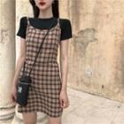 Short-sleeve Plain T-shirt / Spaghetti Strap Plaid Mini A-line Dress