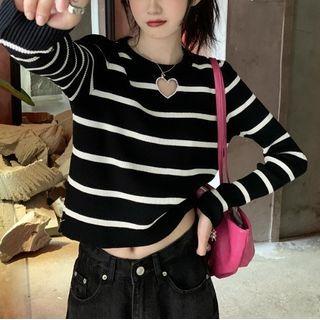 Heart-cutout Striped Knit Crop Top