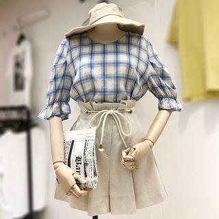 Set: Plaid Elbow-sleeve Top + High Waist Wide-leg Shorts