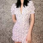 Puff Sleeve Floral Print Ruffle-trim Ruched Mini Dress